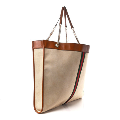 Gucci Vintage Canvas Calfskin Web Maxi Rajah Chain Tote Sand Light Cuir 4 of 15
