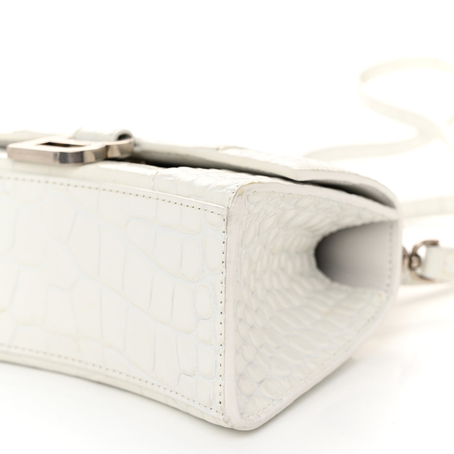 Balenciaga Shiny Calfskin Crocodile Embossed Hourglass Top Handle Bag XS White 9 of 11
