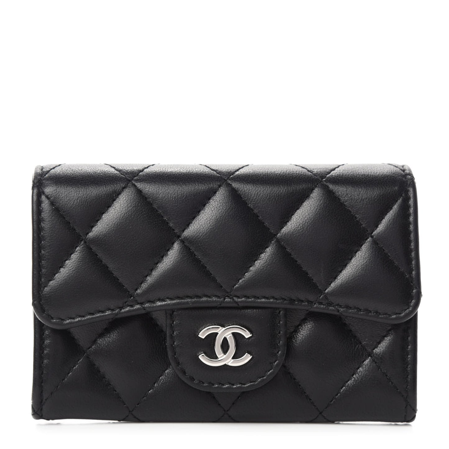 Lambskin Quilted Flap Card Holder Black