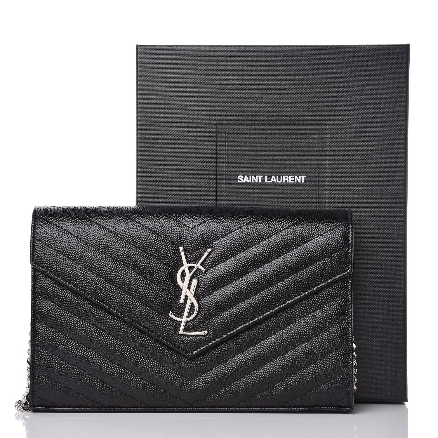 Saint Laurent Grain De Poudre Matelasse Chevron Monogram Chain Wallet Black 7 of 7