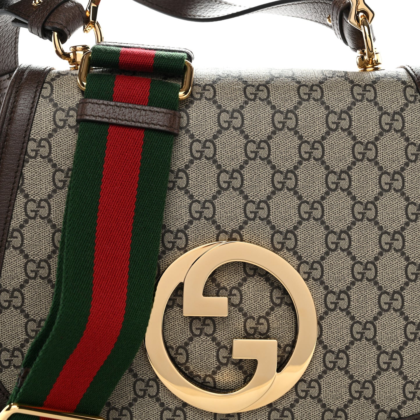 GG Supreme Monogram Textured Dollar Calfskin Web Medium Blondie Top Handle Shoulder Flap Bag Beige Ebony New Acero