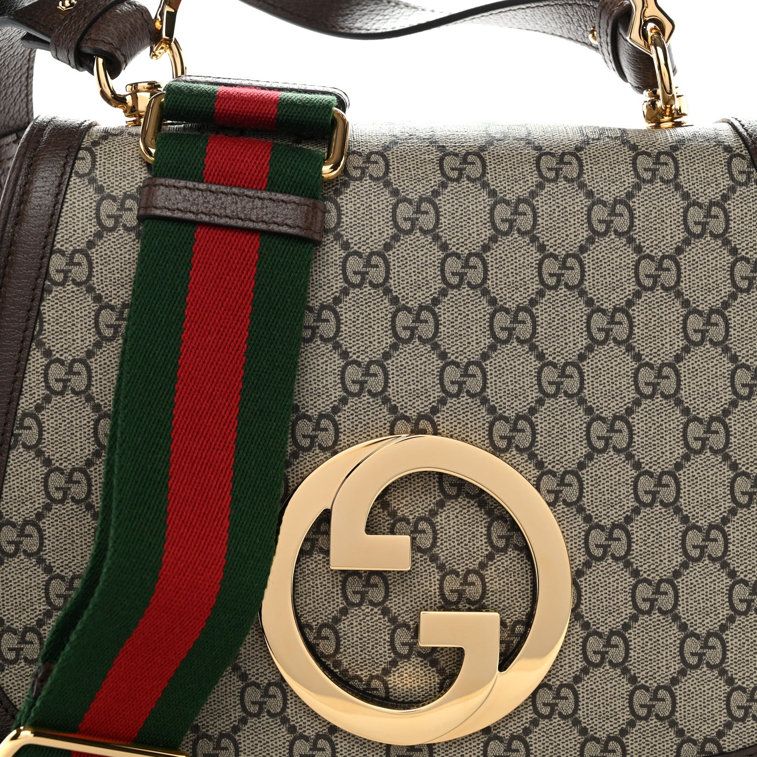 Gucci GG Supreme Monogram Textured Dollar Calfskin Web Medium Blondie Top Handle Shoulder Flap Bag Beige Ebony New Acero 9 of 11