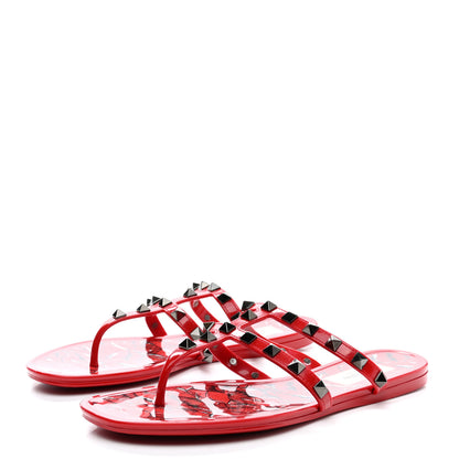 Valentino Garavani PVC Jelly Printed Rockstud Caged Flat Thong Sandals 36 Red 3 of 10