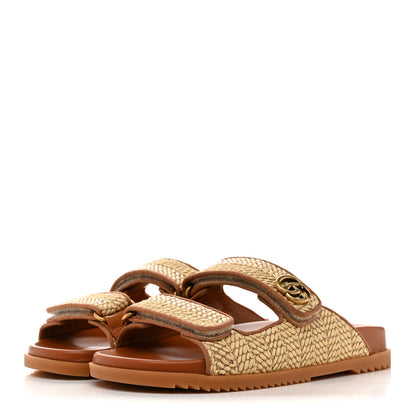 Gucci GG Raffia Womens Slide Sandals With Straps 37.5 Natural Harness Brown 4 of 10