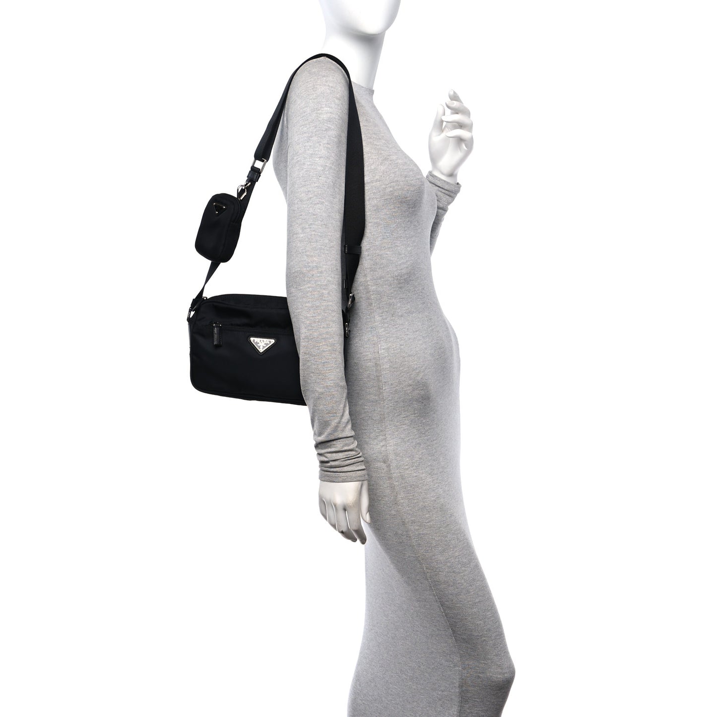 Re-Nylon Vela Saffiano Pocket Double Zip Shoulder Bag Black