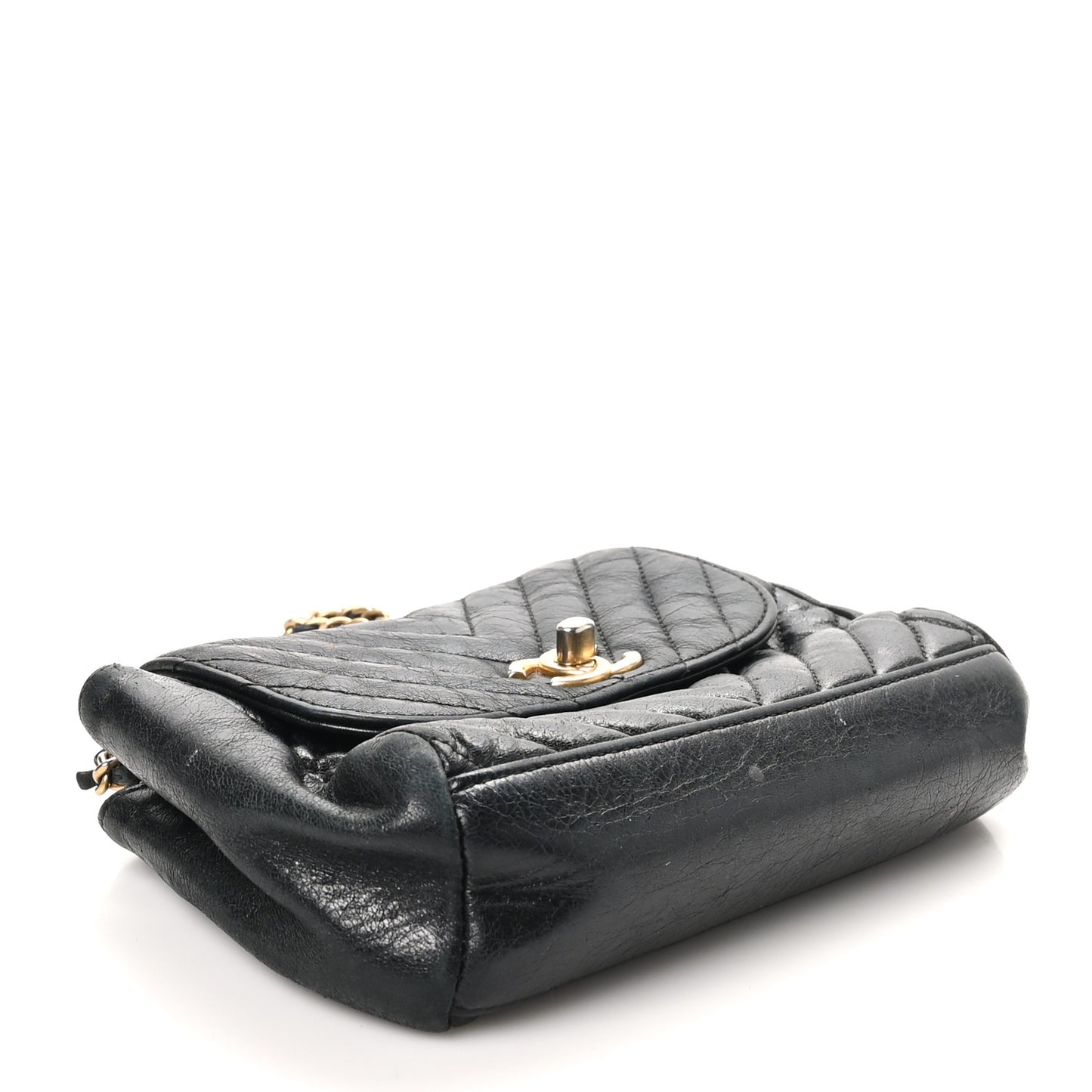 Glazed Calfskin Chevron Quilted Small Hampton Flap Black