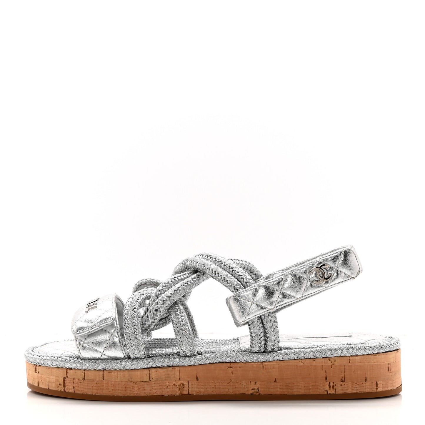 Metallic Cord Lambskin Quilted Logo Sandals 38 Silver