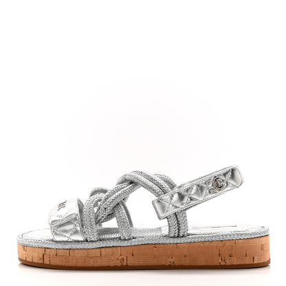Chanel Metallic Cord Lambskin Quilted Logo Sandals 38 Silver 1 of 10