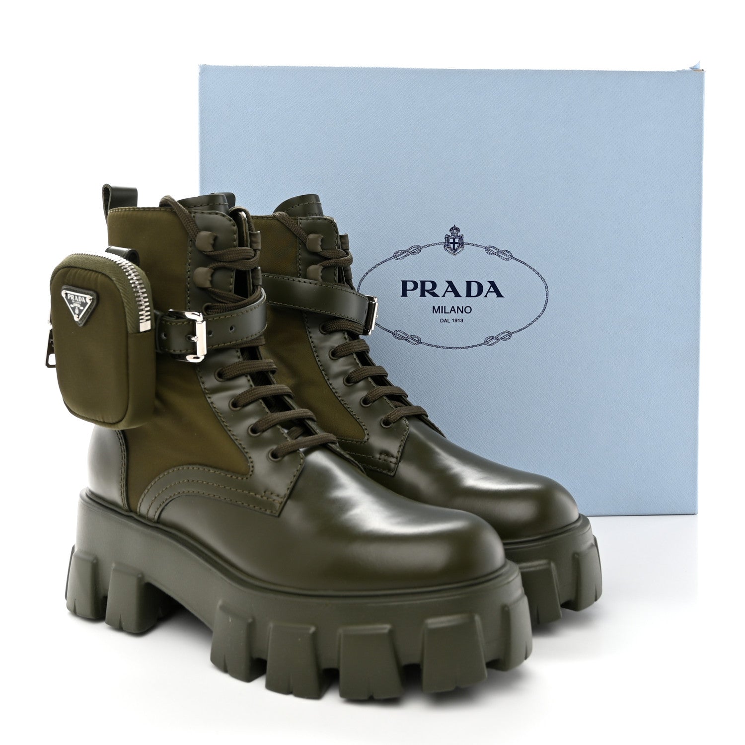 Prada Spazzolato Rois Re-Nylon Metal Triangle Logo Monolith Pouch Pocket 60mm Combat Boots 37.5 Militare 11 of 11