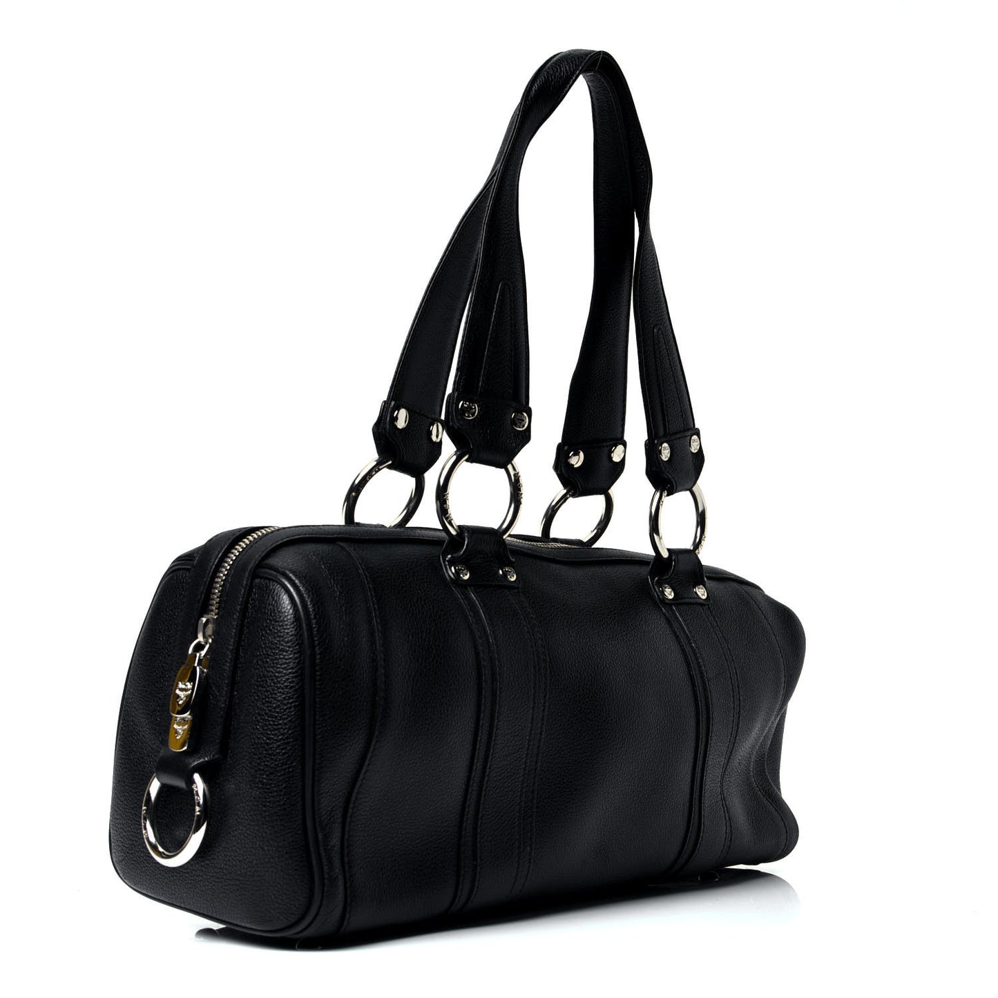 Grained Calfskin Studded Heritage Barrel Bag Black