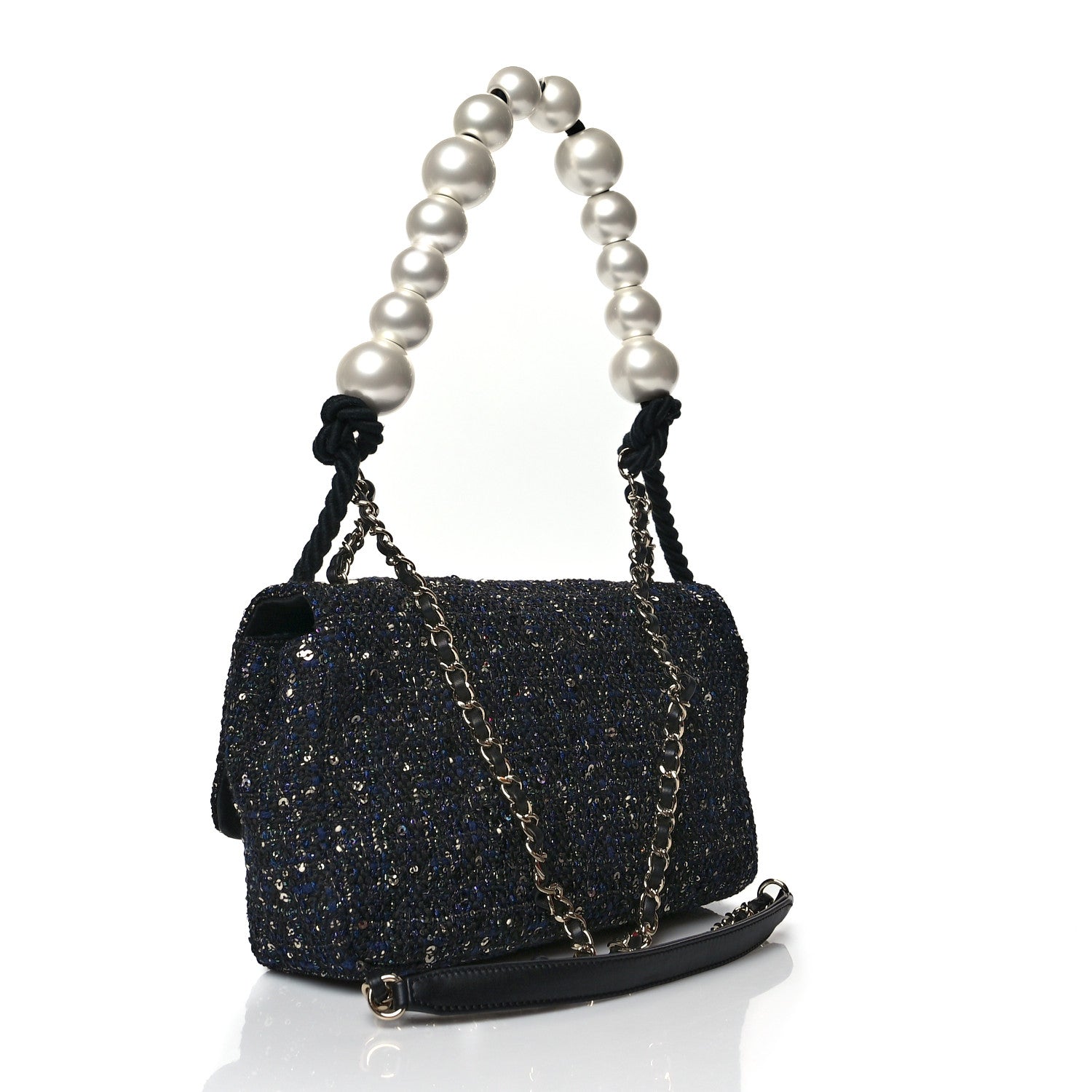 Chanel Tweed Medium Pearl Handle Flap Black Ecru 3 of 10