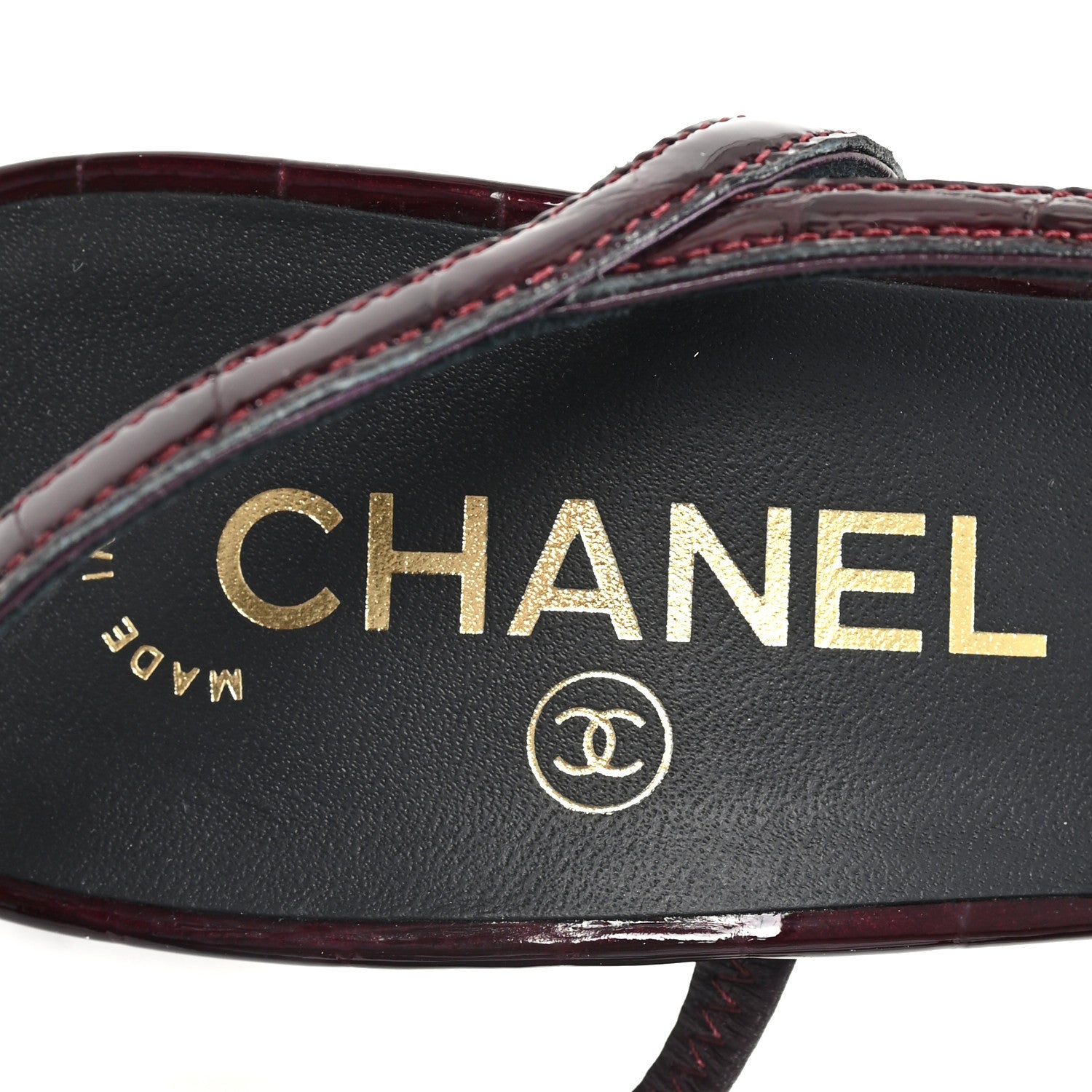 Chanel Crocodile Embossed Patent Grosgrain Cap Toe CC Slingback Pumps 37.5 Dark Burgundy Black 8 of 10