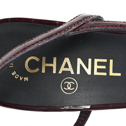Chanel Crocodile Embossed Patent Grosgrain Cap Toe CC Slingback Pumps 37.5 Dark Burgundy Black 8 of 10