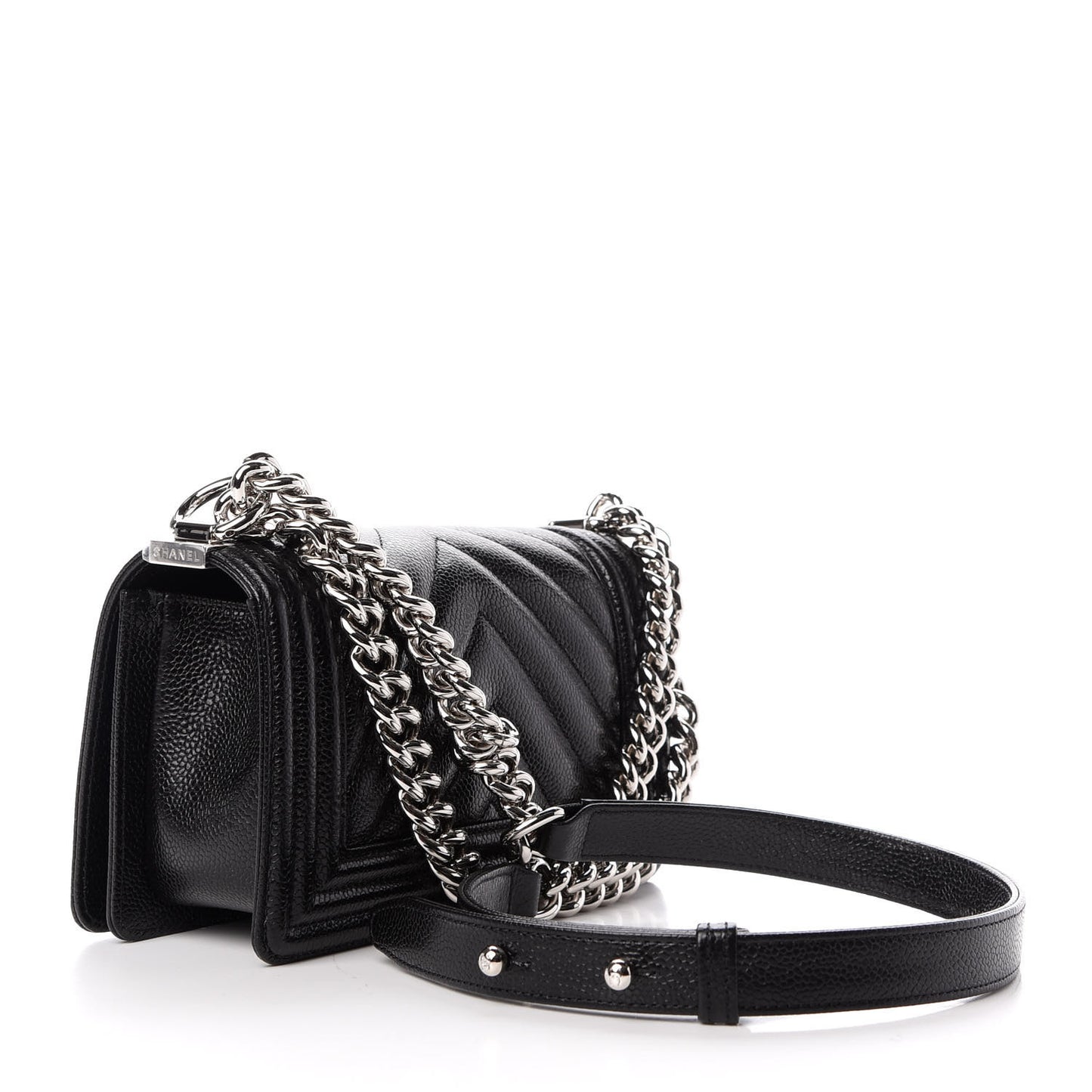 Caviar Chevron Quilted Small Boy Flap Black