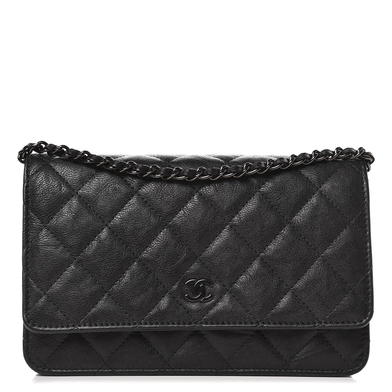 Chanel Crumpled Calfskin Quilted Wallet On Chain WOC So Black 1 of 9