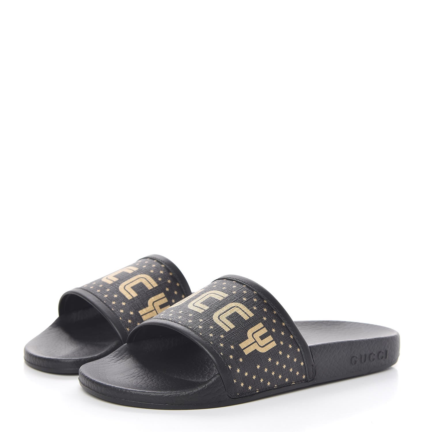 Gucci X SEGA Supreme Canvas GUCCY Stars Womens Slide Sandals 37 Black Gold 3 of 10