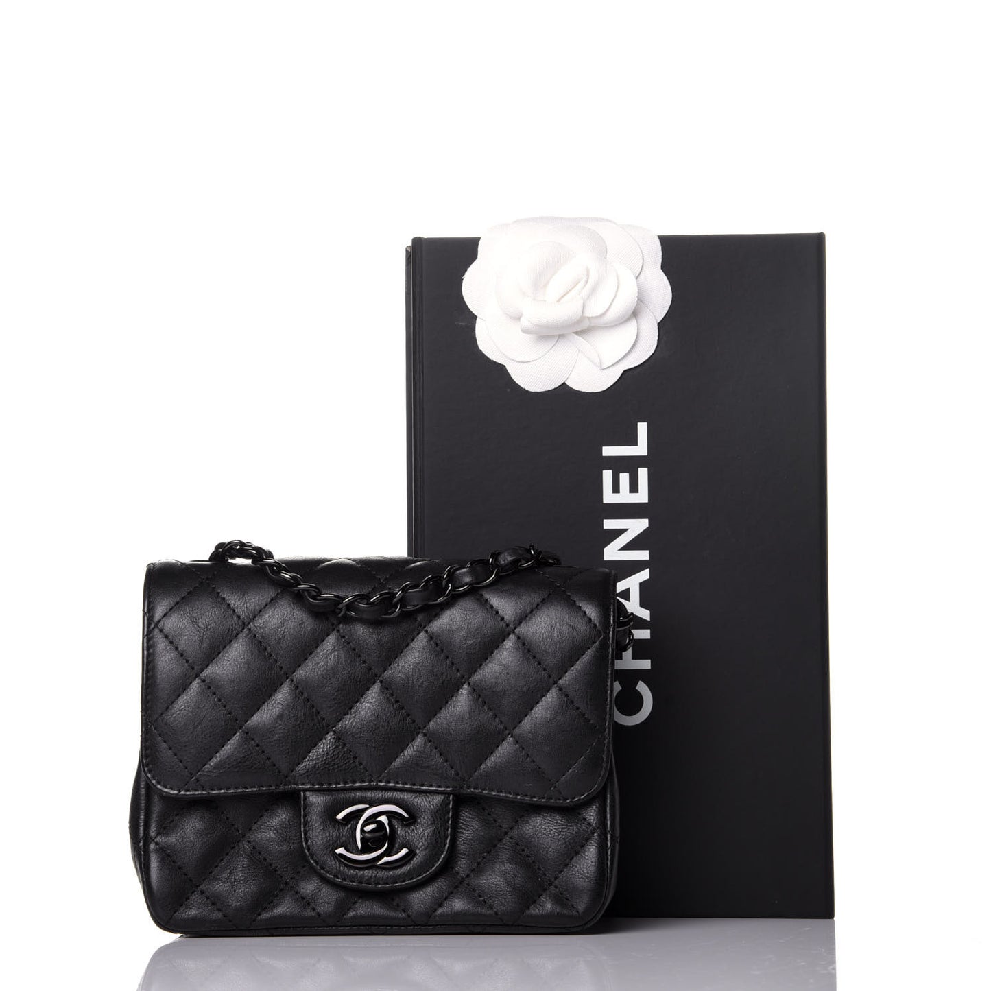 Crumpled Calfskin Quilted Mini Square Flap So Black
