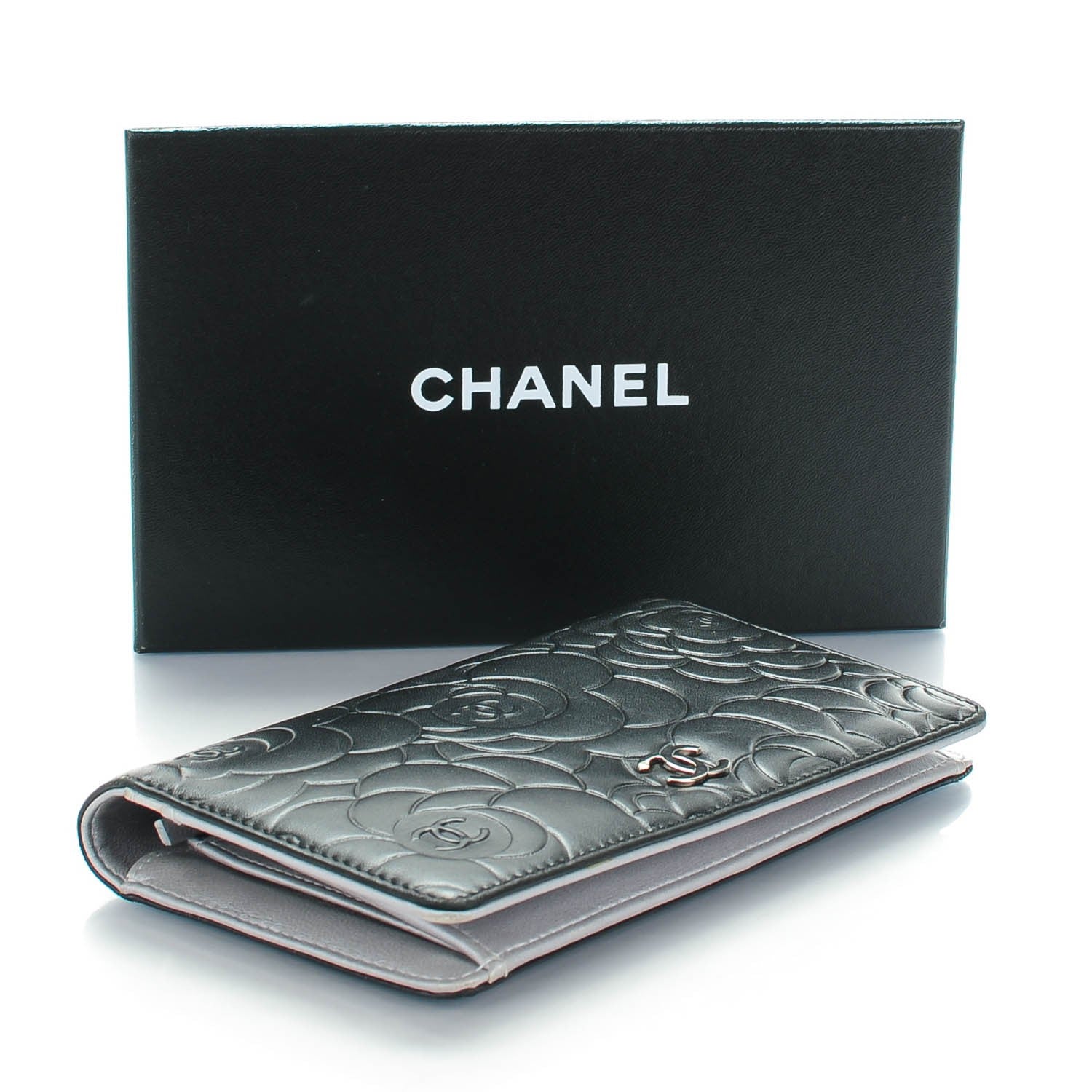 Chanel Lambskin Camellia Embossed Yen Wallet Black 4 of 9
