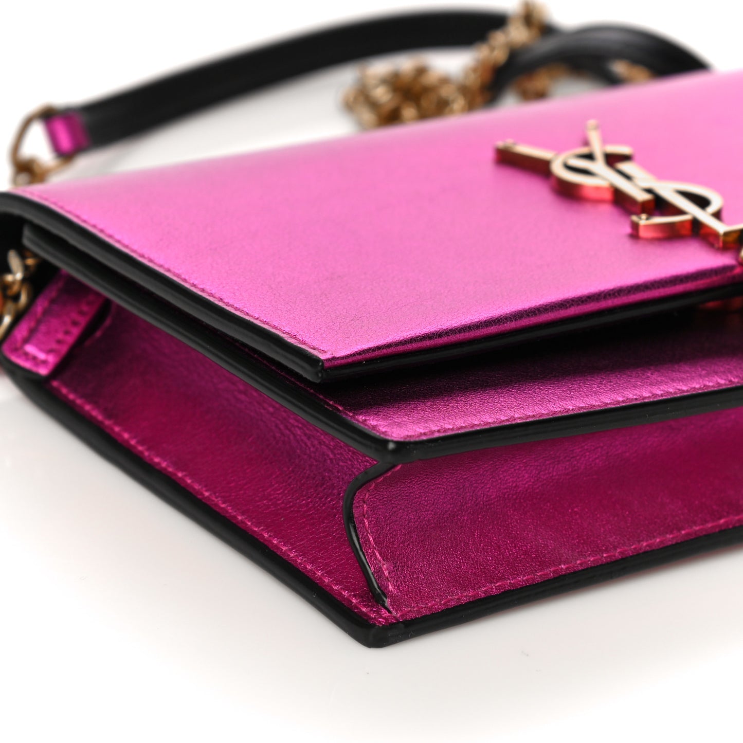 Metallic Calfskin Classic Monogram Kate Tassel Chain Wallet Fuchsia