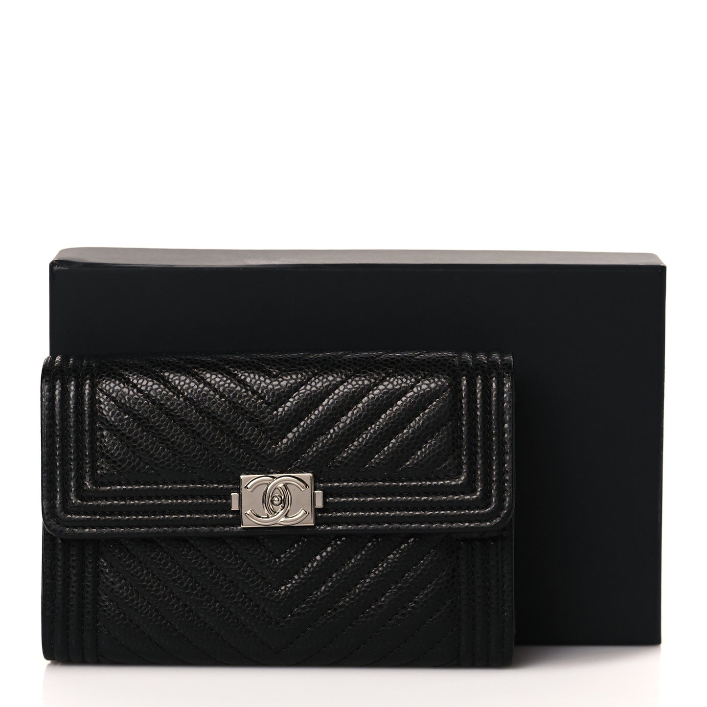 Caviar Chevron Quilted Medium Boy Flap Wallet Black