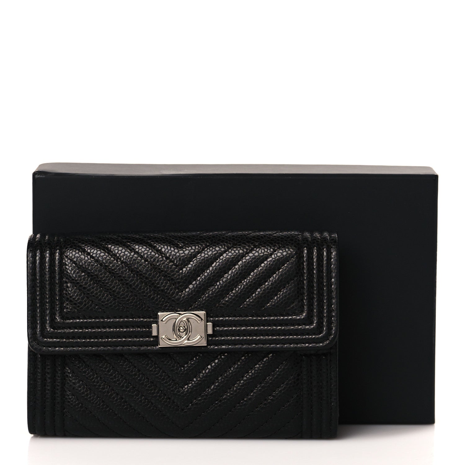 Chanel Caviar Chevron Quilted Medium Boy Flap Wallet Black 9 of 9