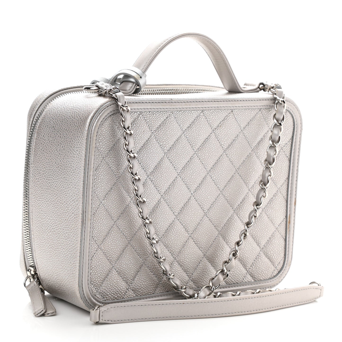Metallic Caviar Quilted Large CC Filigree Vanity Case Silver