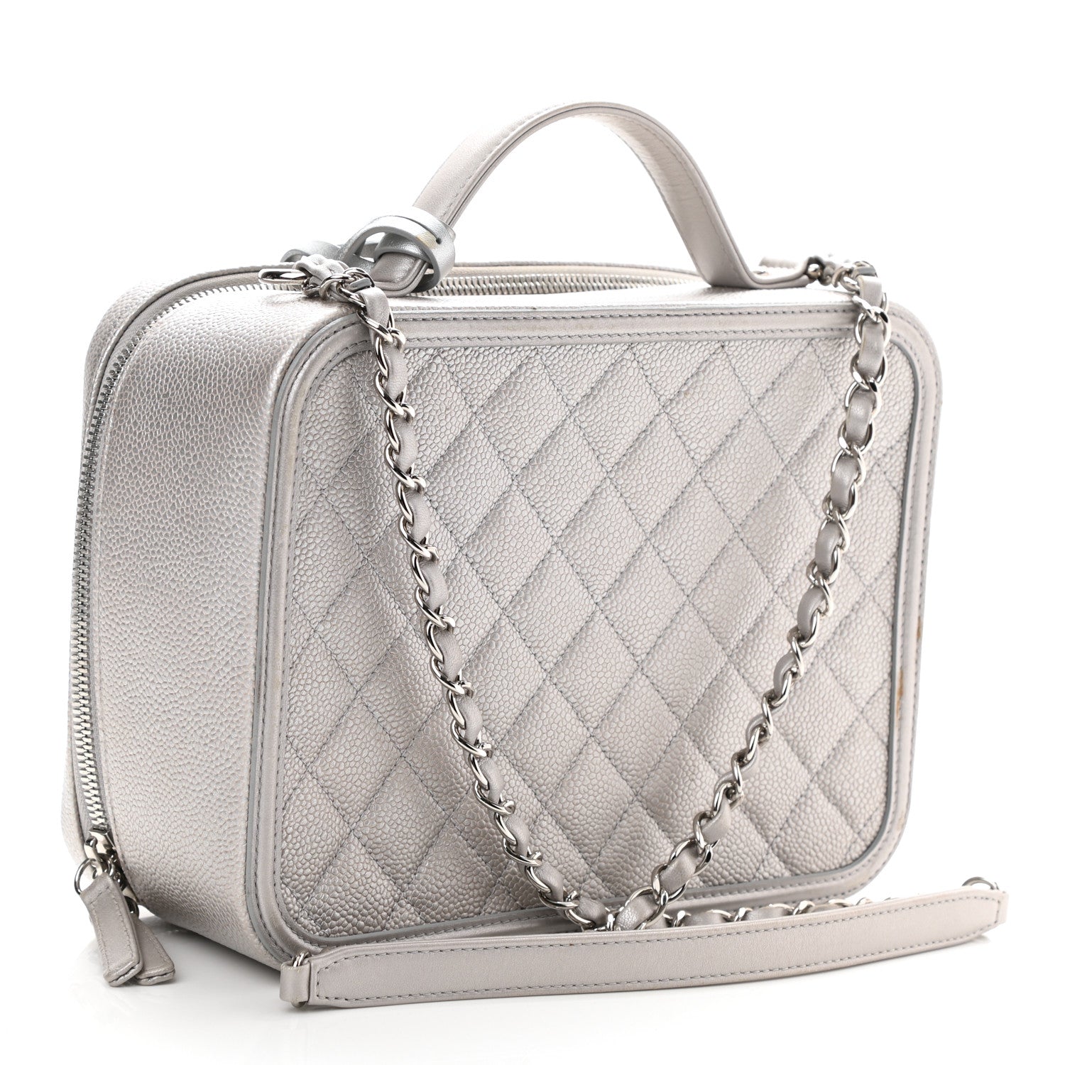 Chanel Metallic Caviar Quilted Large CC Filigree Vanity Case Silver 3 of 13