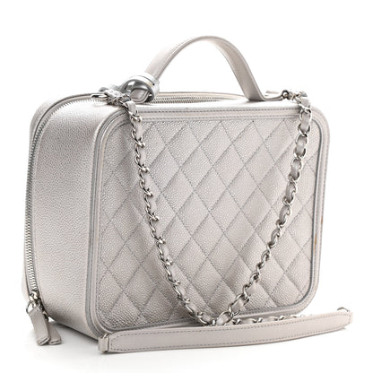 Chanel Metallic Caviar Quilted Large CC Filigree Vanity Case Silver 3 of 13