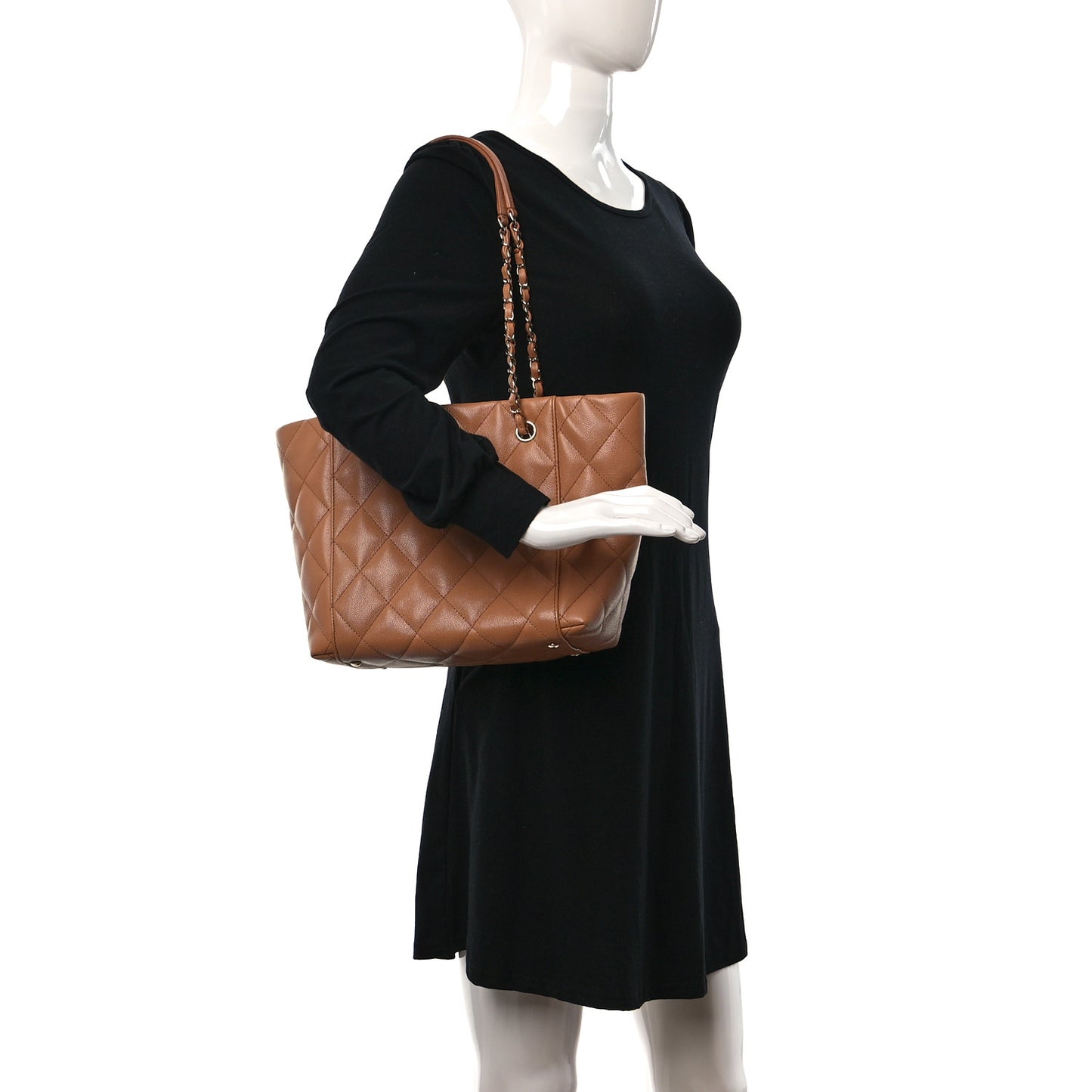 Caviar Quilted Small Shopping Tote Dark Beige