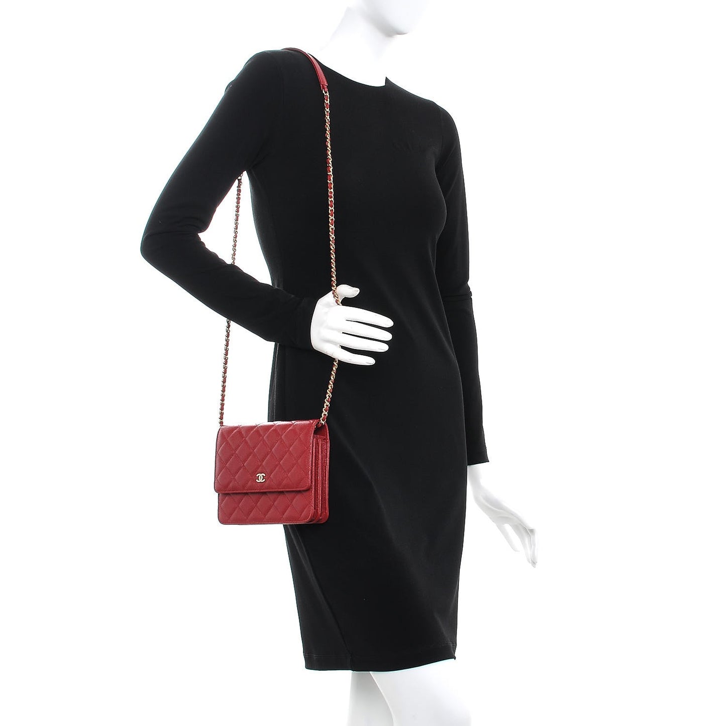 Caviar Quilted Square Wallet On Chain WOC Dark Red