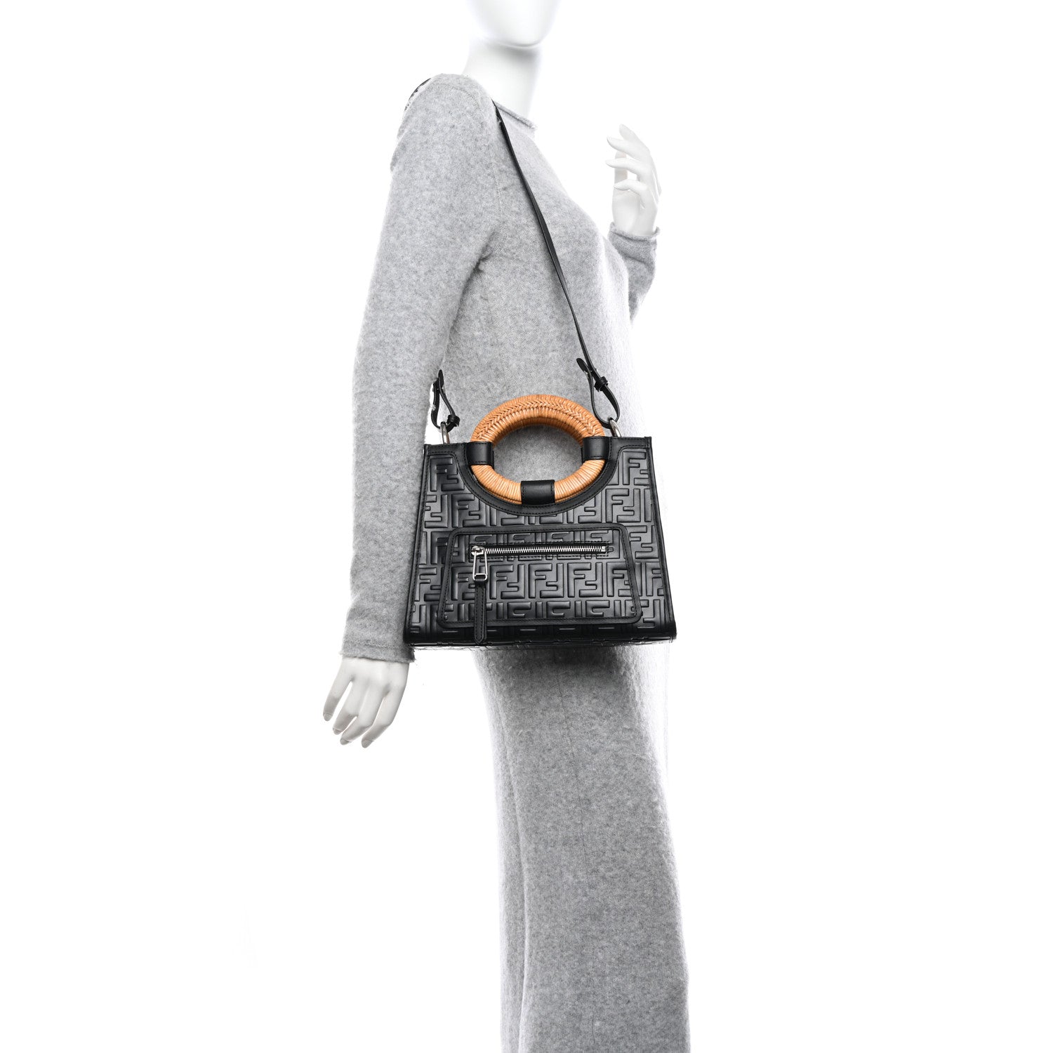Fendi Vitello Century Wicker FF 1974 Embossed Small Runaway Shopper Tote Black 2 of 10