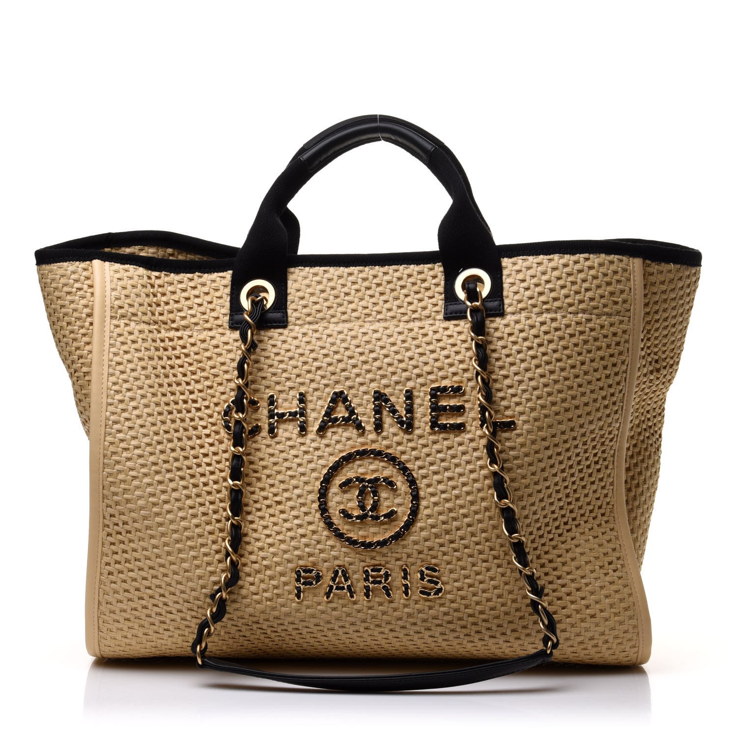 Chanel Straw Raffia Calfskin Chain Medium Deauville Tote Beige Black 1 of 17