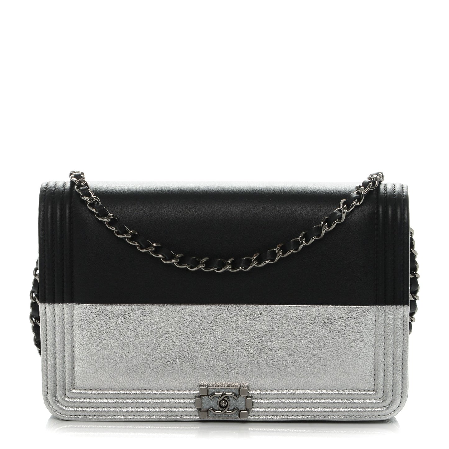 Metallic Goatskin Calfskin Boy Wallet on Chain WOC Black Silver