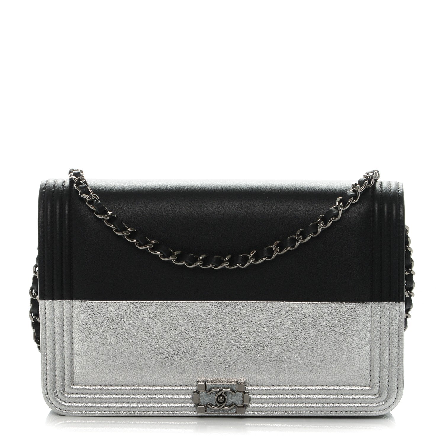 Chanel Metallic Goatskin Calfskin Boy Wallet on Chain WOC Black Silver 1 of 9