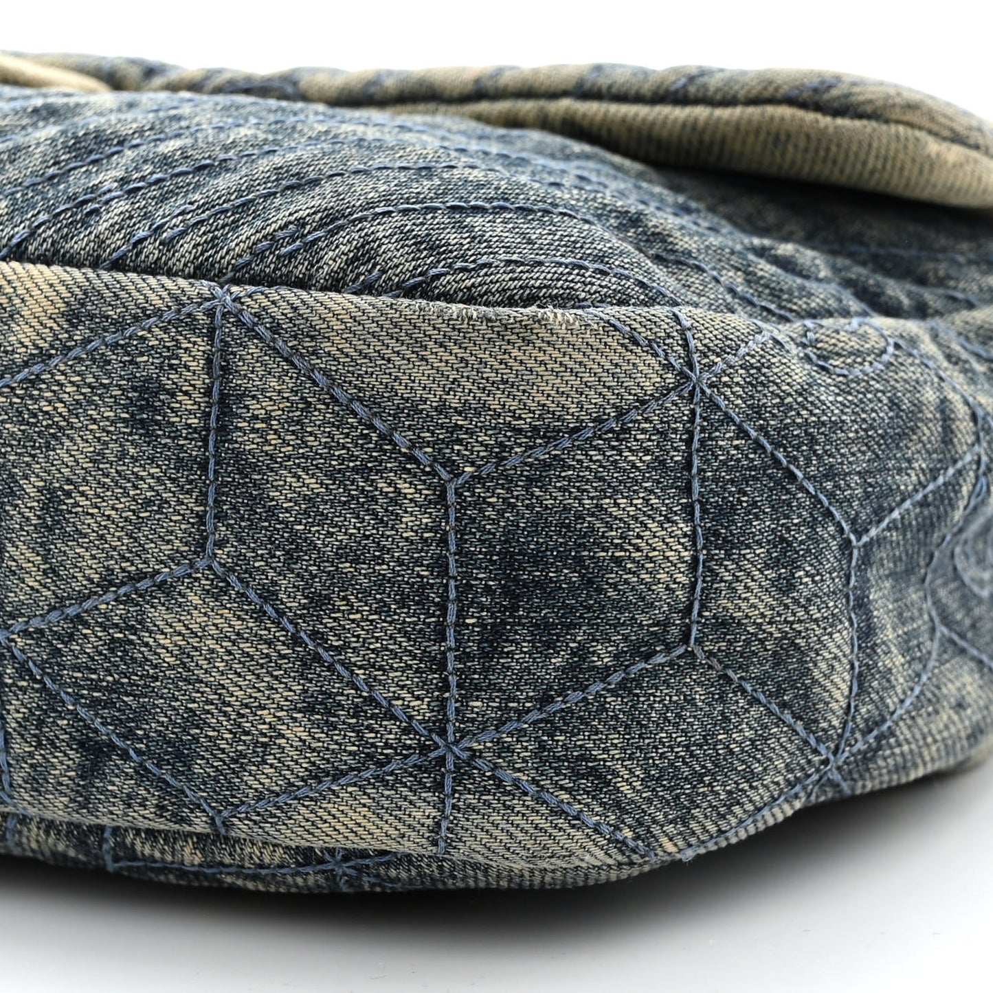 Denim Quilted Camellia Embroidered Medium Flap Blue