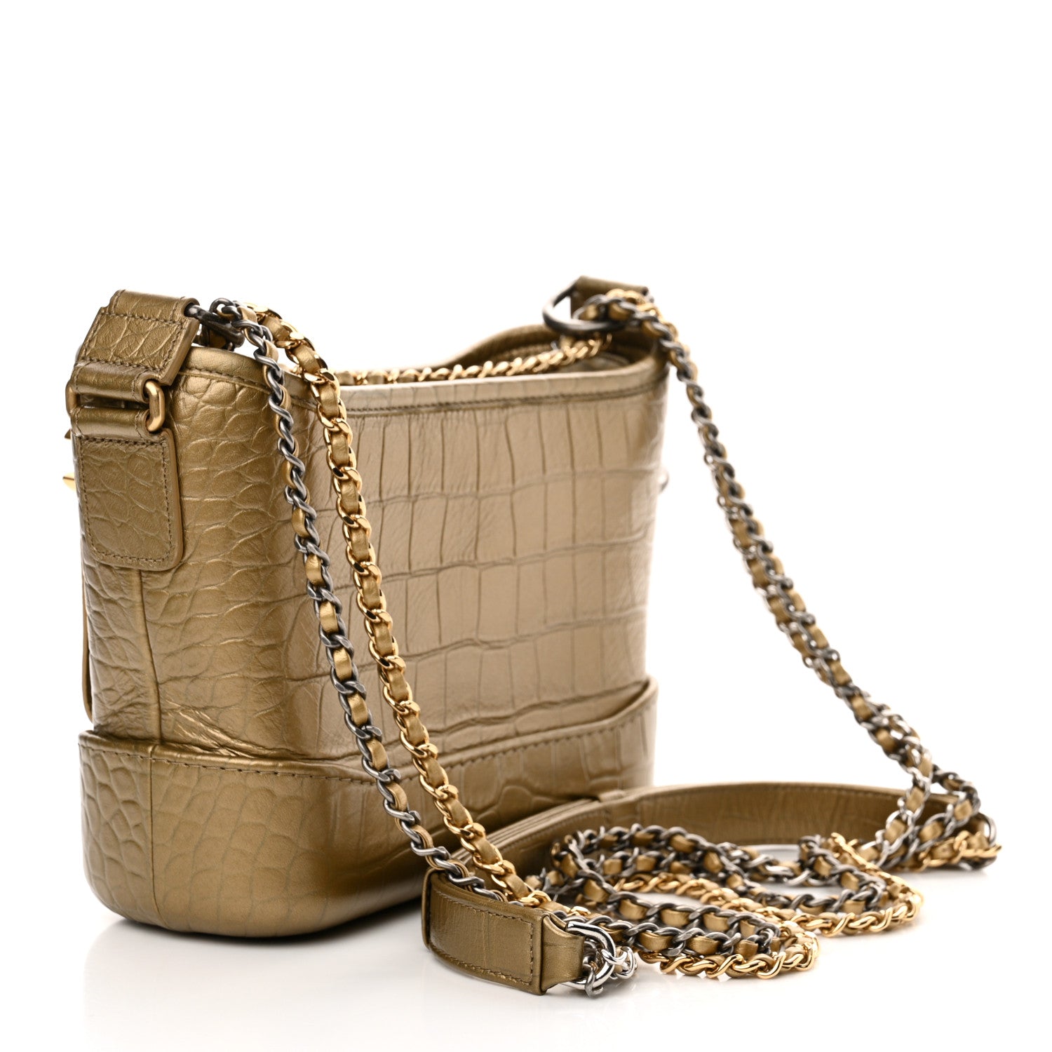 Chanel Metallic Calfskin Crocodile Embossed Cocodile Small Gabrielle Hobo Gold 3 of 11