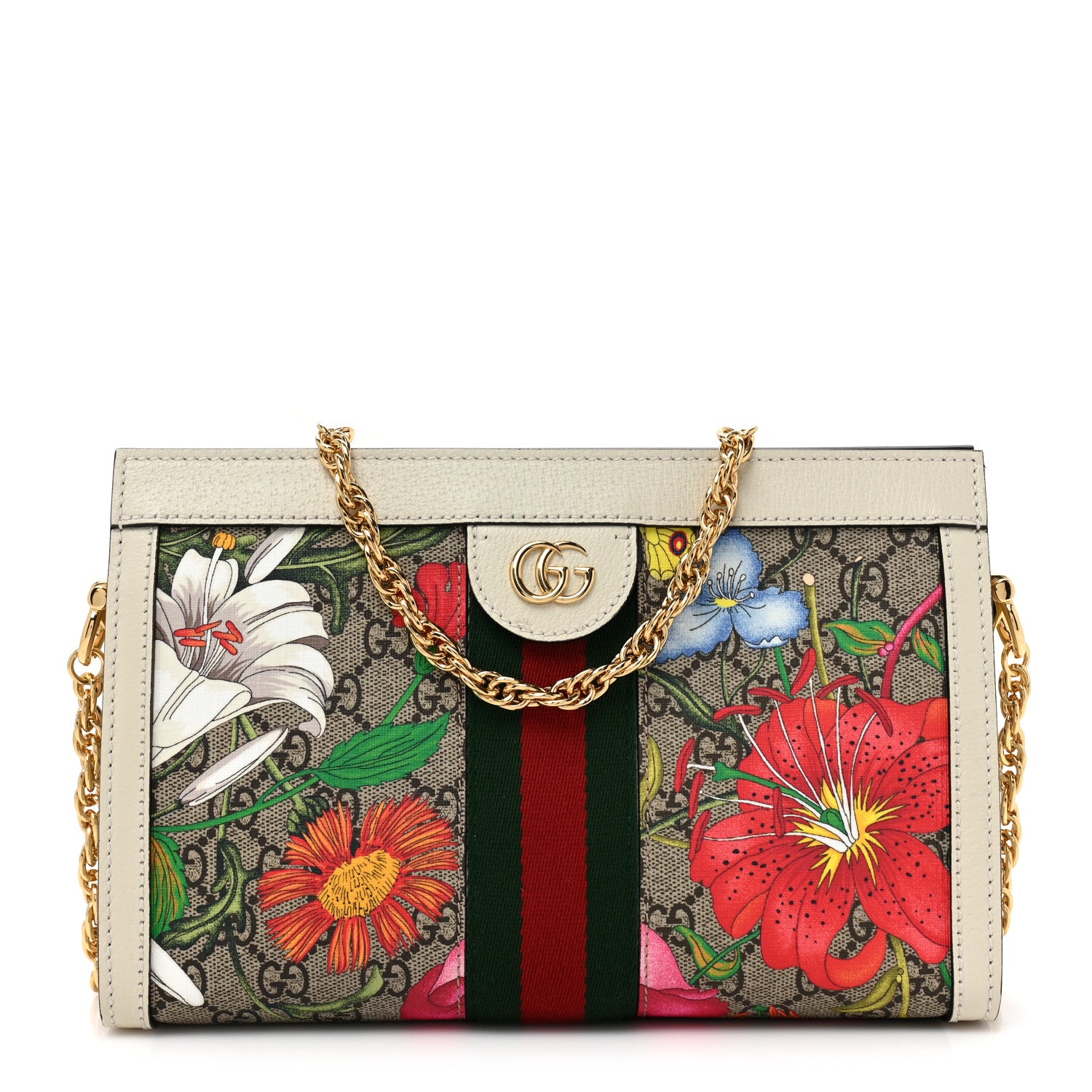 Gucci GG Supreme Monogram Flora Web Small Ophidia Chain Shoulder Bag White 1 of 10