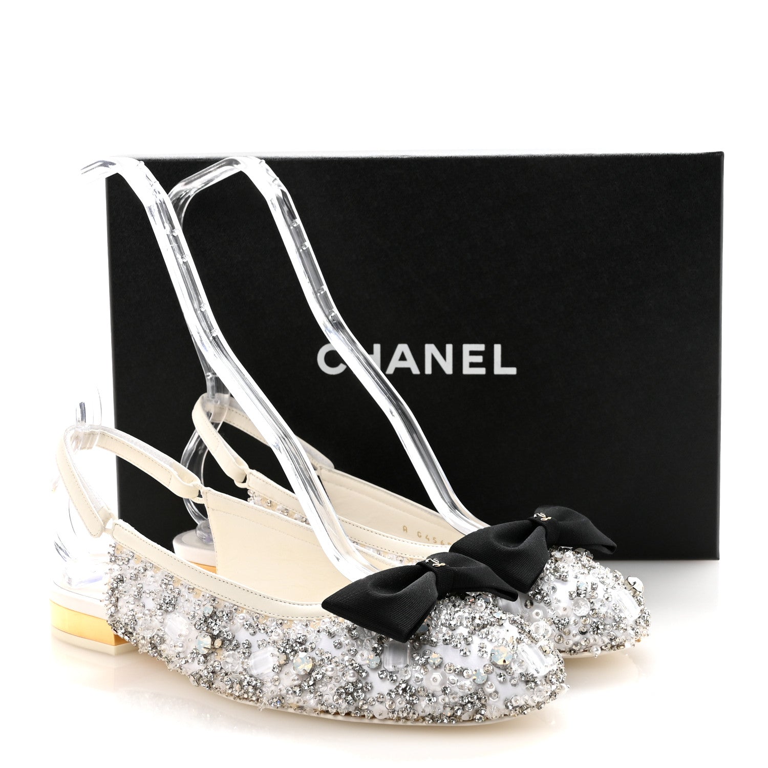 Chanel Satin Crystal Lambskin Grosgrain Bow CC Slingback Flats 38.5 White Black 10 of 10