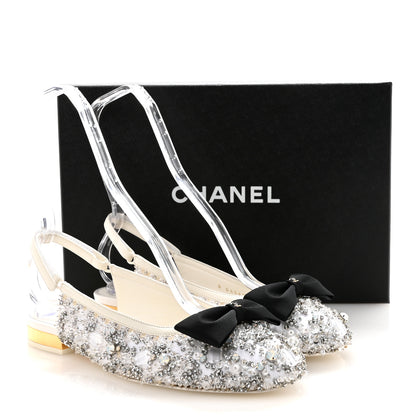 Chanel Satin Crystal Lambskin Grosgrain Bow CC Slingback Flats 38.5 White Black 10 of 10