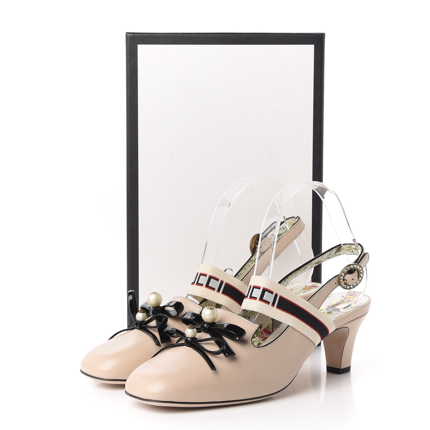 Malaga Kid Bow Ace Stripe Mid Heel Slingback Pumps 40.5 Beige
