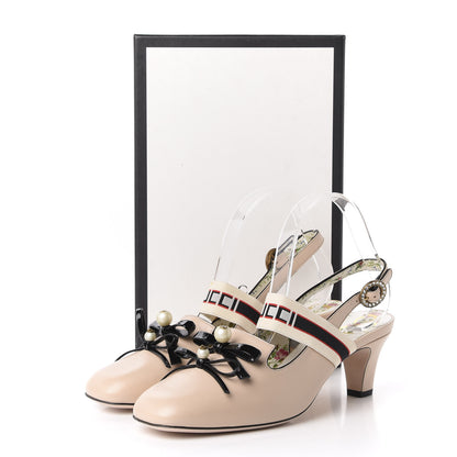 Gucci Malaga Kid Bow Ace Stripe Mid Heel Slingback Pumps 40.5 Beige 9 of 9