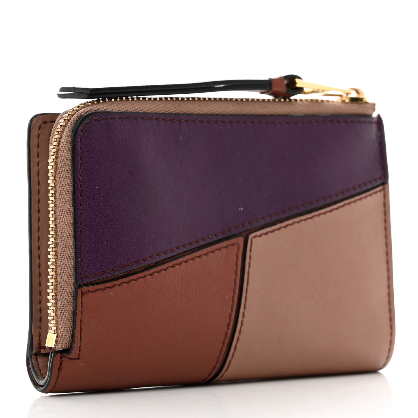 Calfskin Puzzle Zip Bi-Fold Wallet Dark Blush Dark Rust