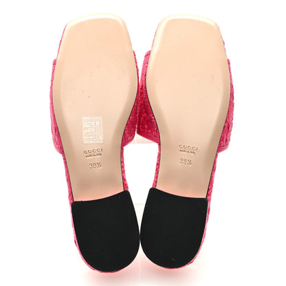 Gucci Tridimensional Raffia Malaga Kid GG Monogram Horsebit Flat Slide Sandals 38.5 Bright Fuxia 5 of 7