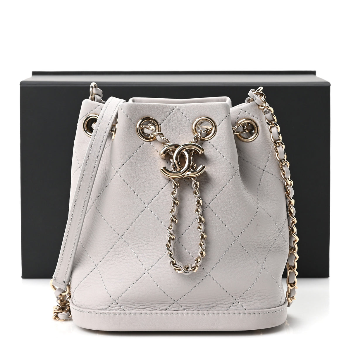 Goatskin Stitched Chain Bucket Bag Light Grey