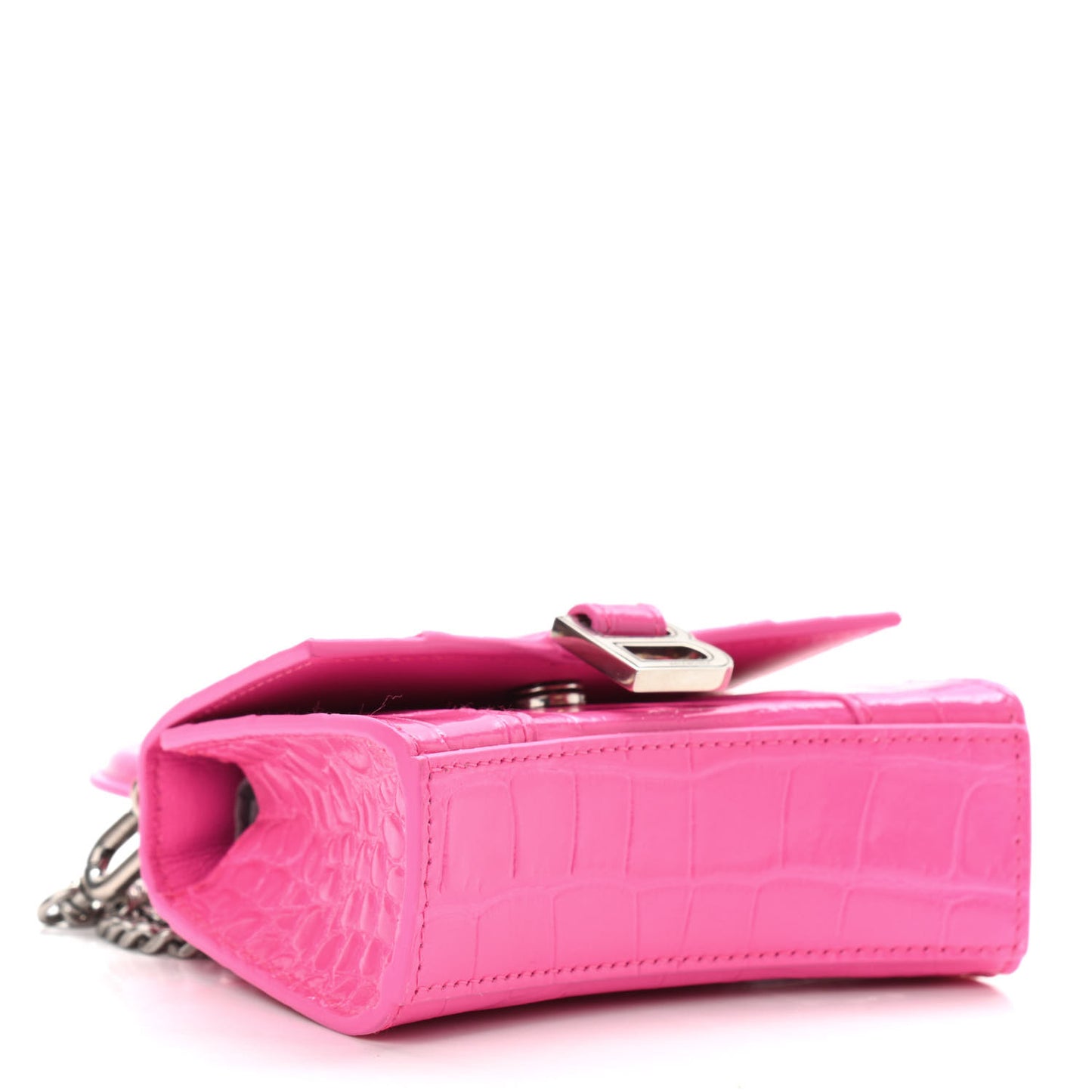 Shiny Calfskin Crocodile Embossed Hourglass Top Handle Bag Mini with Chain Neon Pink