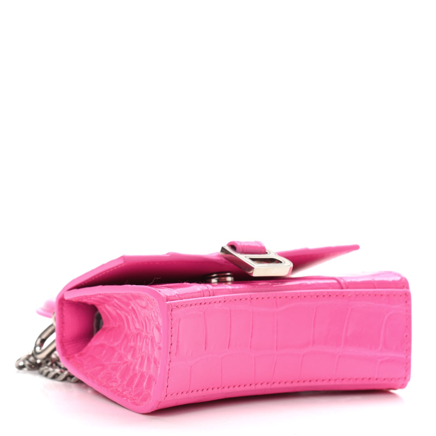 Balenciaga Shiny Calfskin Crocodile Embossed Hourglass Top Handle Bag Mini with Chain Neon Pink 4 of 10