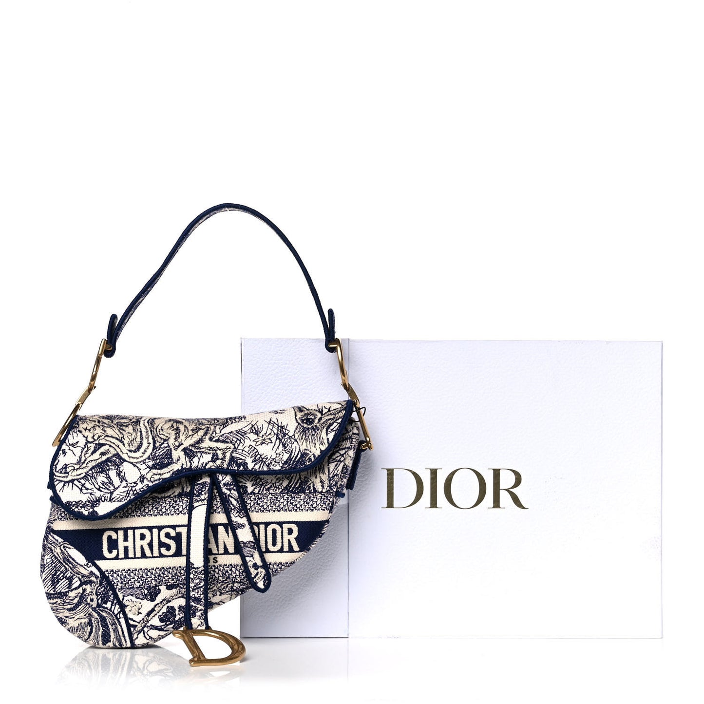 Canvas Embroidered Toile de Jouy Saddle Bag Blue