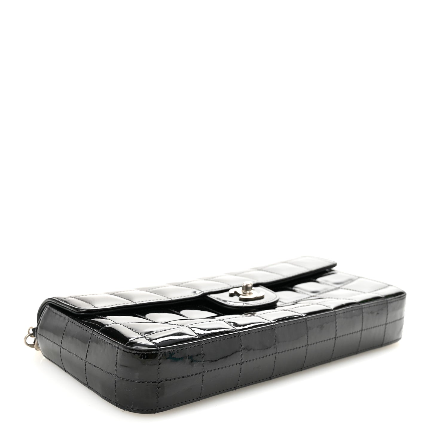 Patent Quilted East West Chocolate Bar Flap Black