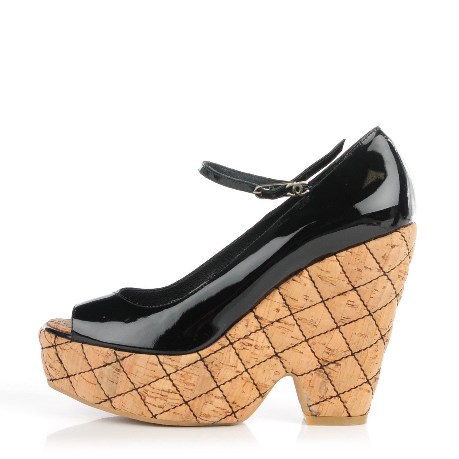 Chanel Patent Cork Quilted CC Wedge Peep Toe Sandals 38 Black 1 of 6