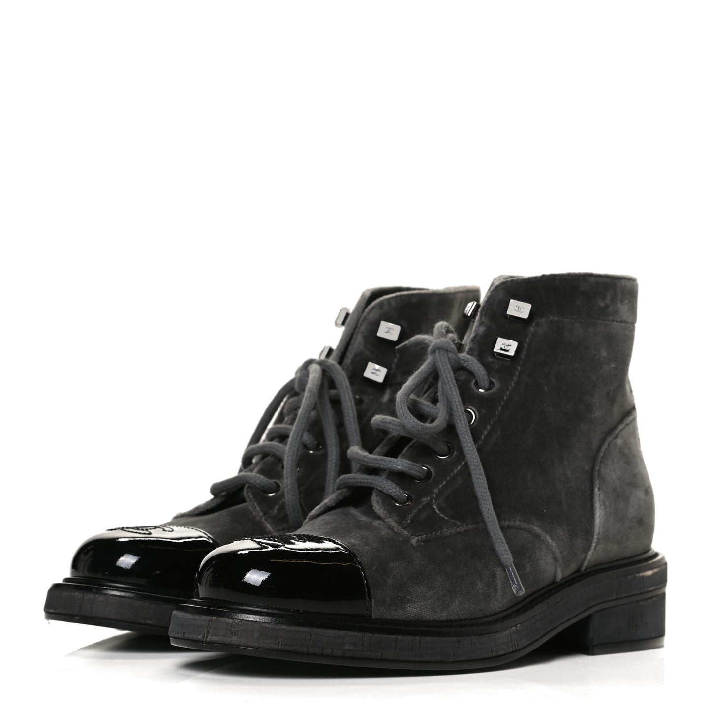 Velvet Patent Calfskin Lace Up Combat Boots 35.5 Grey Black